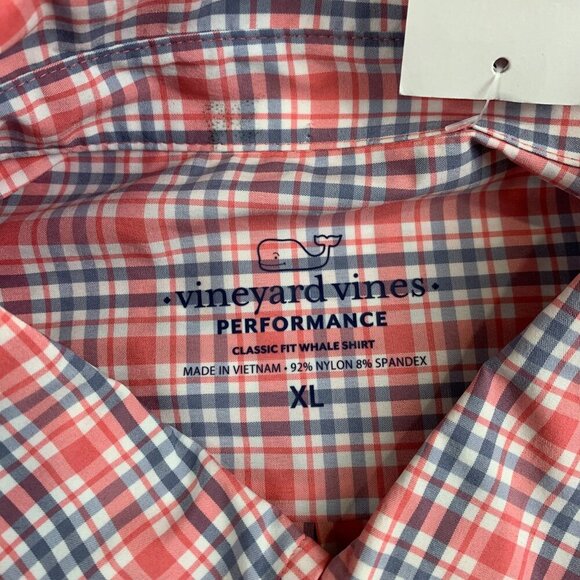 Vineyard Vines Performance Mens Whale Shirt XL Pink Blue Plaid Button Up Classic - Picture 7 of 11